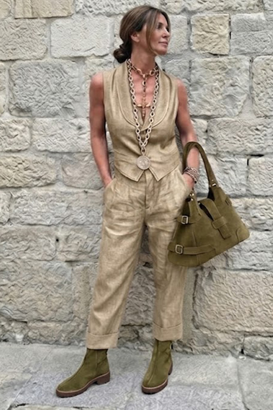 Dress ankle boots back buckles in khaki green leather with thick rubber soles and round toe - Worn view